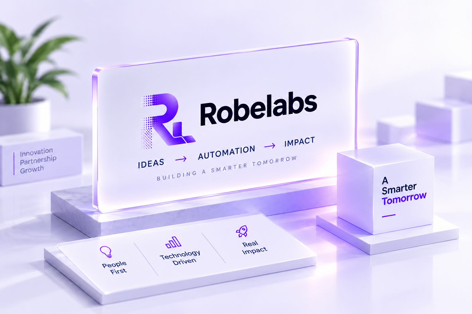 Robelabs ideas-to-impact display in a bright lavender studio